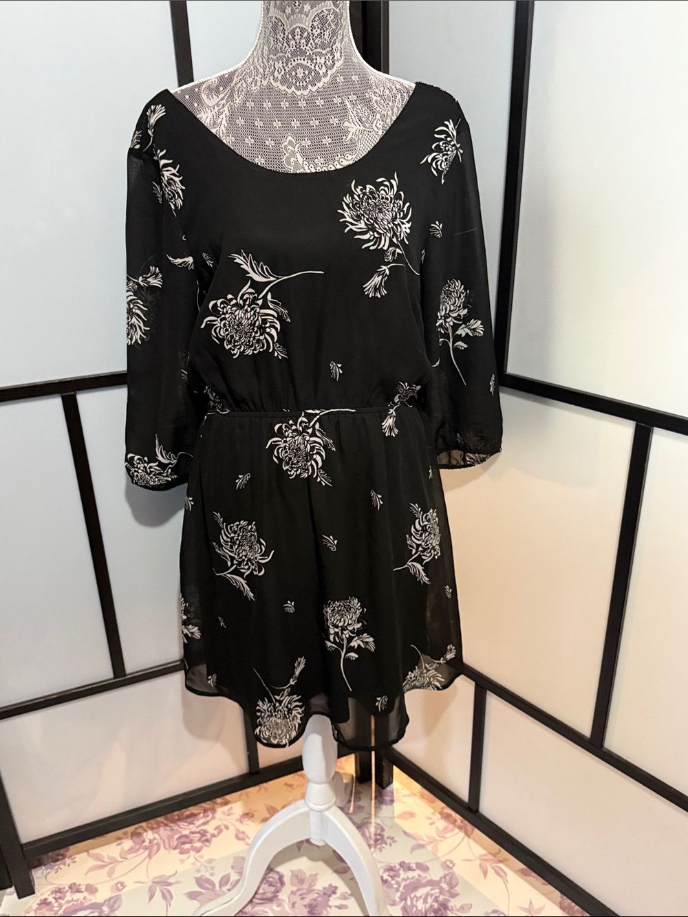 Maurices Black Mini Dress with White Floral Design